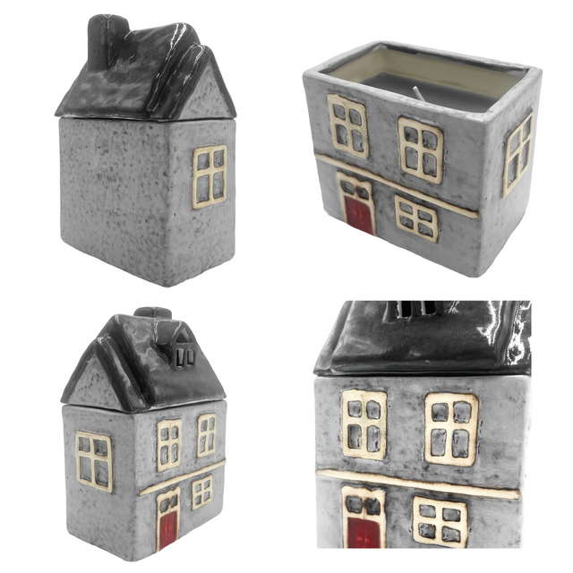 Four views of Cello Home Candle - wildflower garden in grey with removable roof, showing details of removeable roof, windows, and scented candle function.