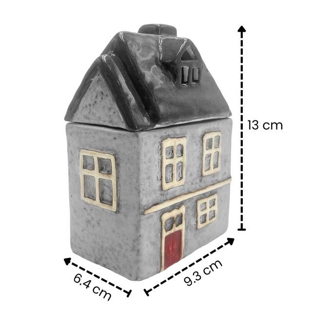 Home Candle grey ceramic Scented candle with grey roof, shown with dimensions 13 cm tall, 9.3 cm wide, and 6.4 cm deep.