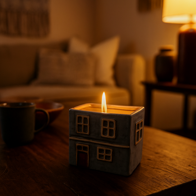 Cello Home Candle - berry burst in red and grey cottage design on a wooden table, showing benefits text: scented candle long-burning, removable roof, and ambient lighting.