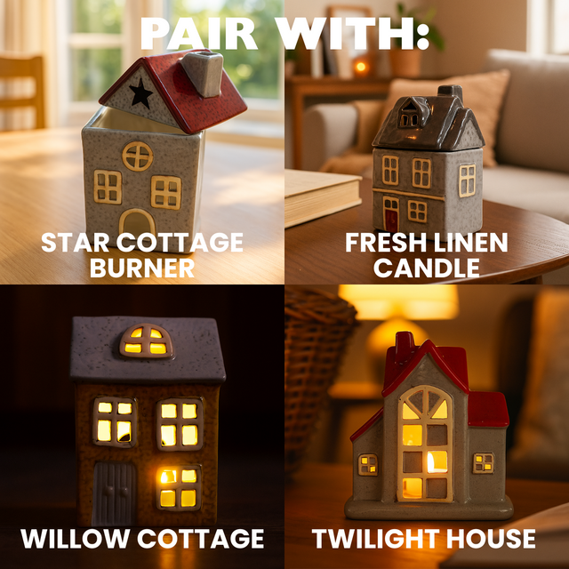 
Collectible ceramic tealight houses from the Cello Homes collection, including Star Cottage, Fresh Linen Candle, Willow Cottage, and Twilight House.