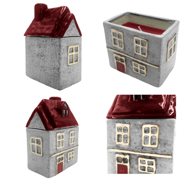 Four views of Cello Home Candle - berry burst in red and grey with removable roof, showing details of removeable roof, windows, and scented candle function.