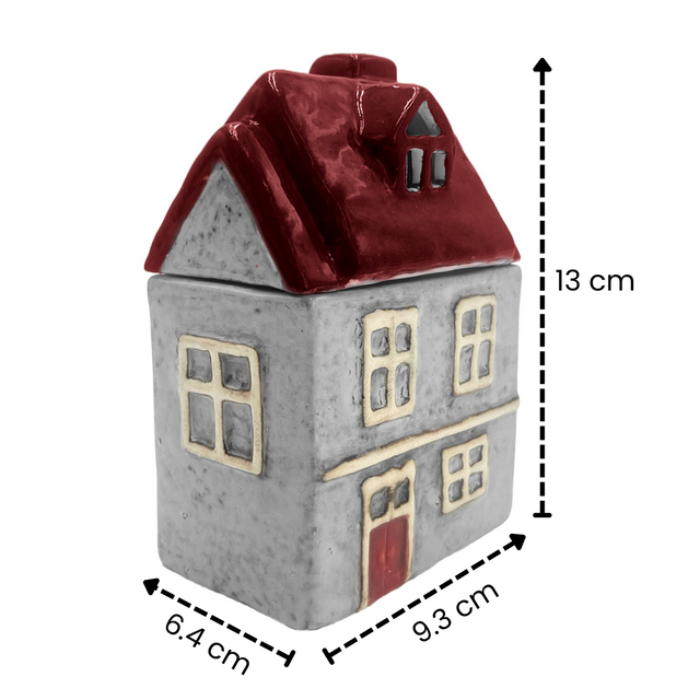 Home Candle grey ceramic Scented candle with red roof, shown with dimensions 13 cm tall, 9.3 cm wide, and 6.4 cm deep.