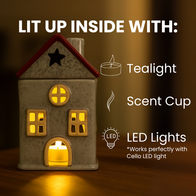 Star Cottage ceramic tealight holder styled with tealight candle, scent cup, or Cello LED Lights for fragrance and colour-changing ambience.