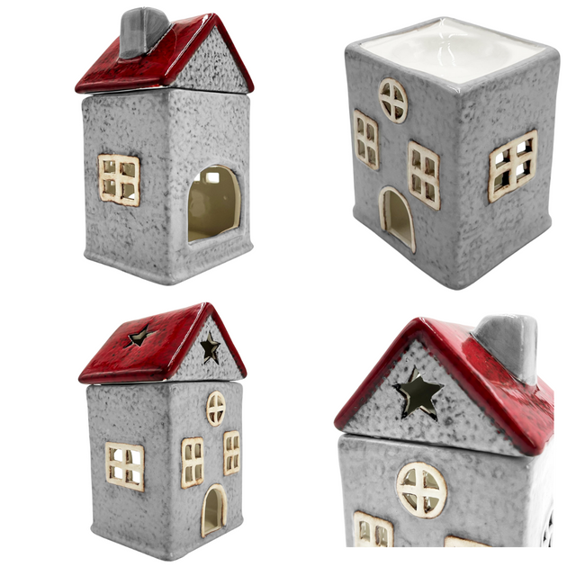 Four views of Star cottage candle wax burner in red and grey with removable roof, showing details of star cut-outs, windows, and tealight holder function.