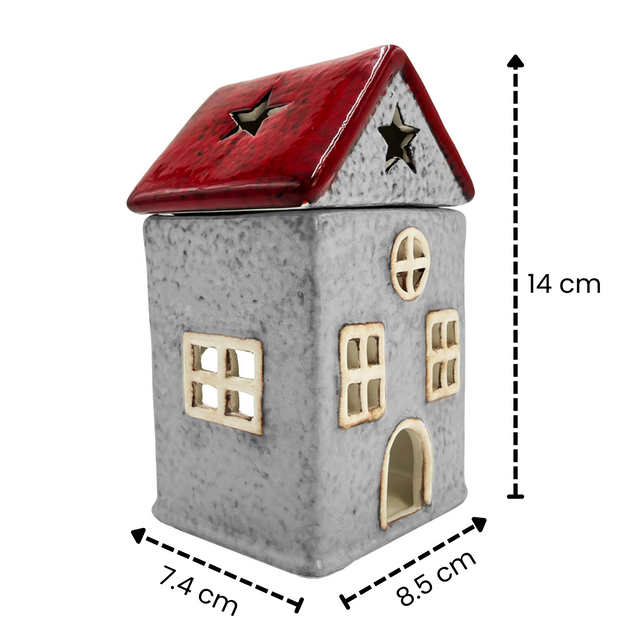 Star Cottage grey ceramic candle wax burner with red accents, shown with dimensions 14 cm tall, 8.5 cm wide, and 7.4 cm deep