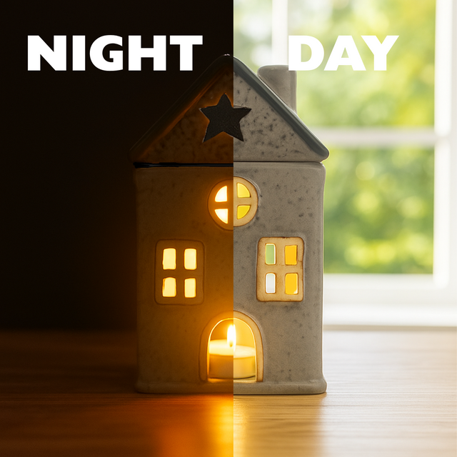 Star Cottage ceramic house candle wax burner lit with a tealight candle at night and unlit in daylight, giving a warm glowing effect.