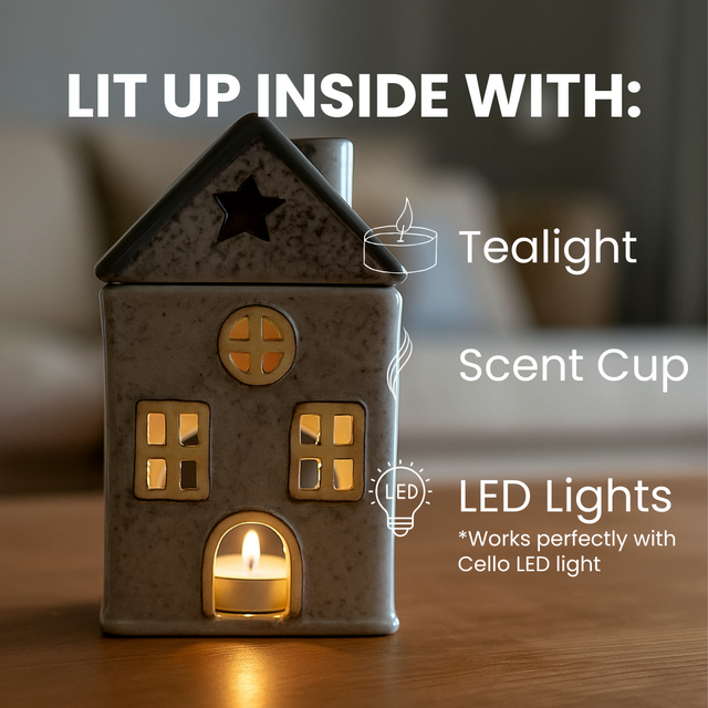 Star Cottage ceramic tealight holder styled with tealight candle, scent cup, or Cello LED Lights for fragrance and colour-changing ambience.