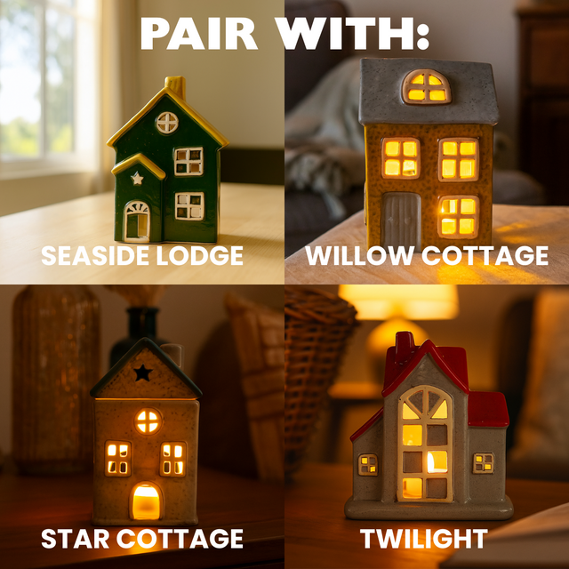 Four product pairing ideas with Bramble Reed Diffuser: Star Cottage Burner, Seaside House, Willow House tea, and Twilight House tealight holder