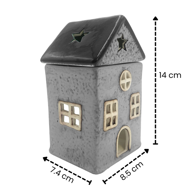 Star Cottage grey ceramic candle wax burner with grey accents, shown with dimensions 14 cm tall, 8.5 cm wide, and 7.4 cm deep