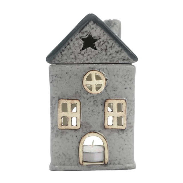 Star Cottage ceramic candle wax burner in grey with grey roof accents and cut-out windows, porcelain house candle holder for cosy home décor.
