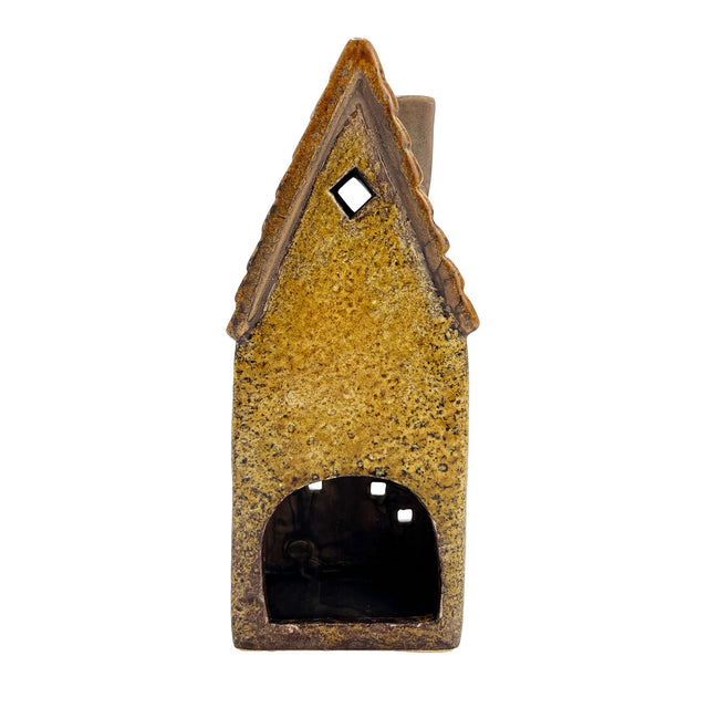 Back view of the Cello Clockmaker’s Haven ceramic tealight holder with opening for candle placement and smooth ceramic glaze.