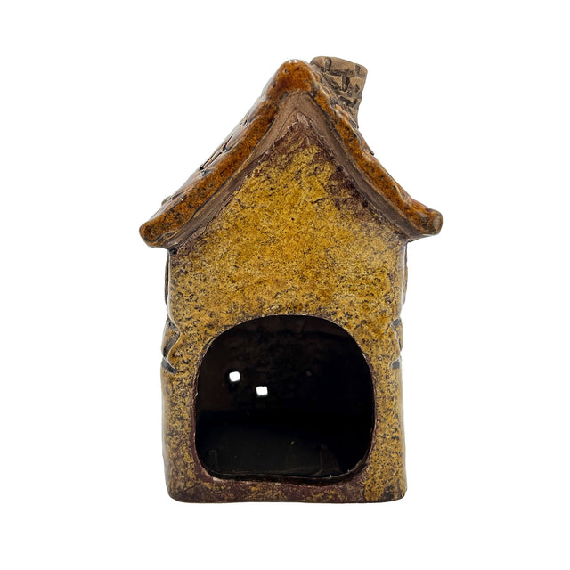 Back view of the yellow Briarwood Hollow ceramic tealight house showing hand-painted finish and rustic detailing.
