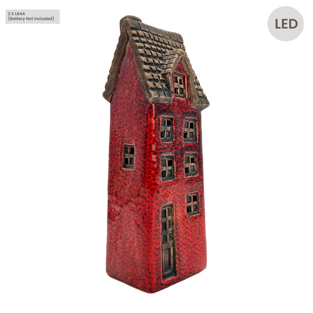 Side view of the second red variant of the Scribe’s Retreat LED ceramic house featuring tall window designs and charming cottage texture.