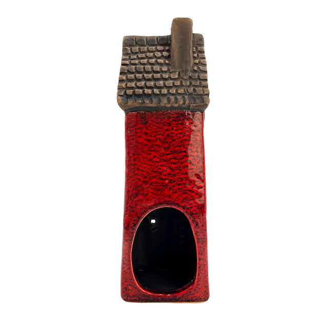 Rear view of the crimson Goldsmith’s Abode ceramic tealight holder showing the arched tealight opening and rich red glaze.