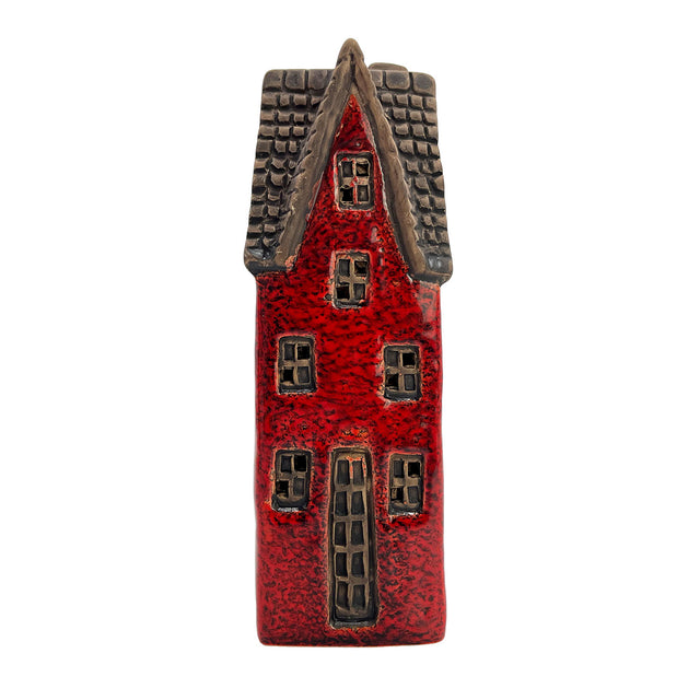 Front angle of the Cello Tales from the Village Goldsmith’s Abode crimson tealight house with handcrafted brick texture and cottage windows.