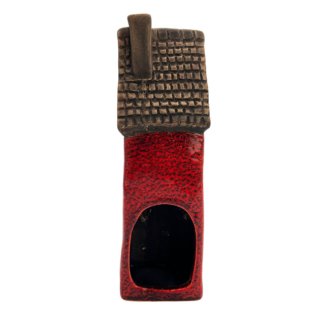 Rear view of the crimson ceramic Goldsmith’s Abode tealight holder showing tealight cavity and chimney detail.