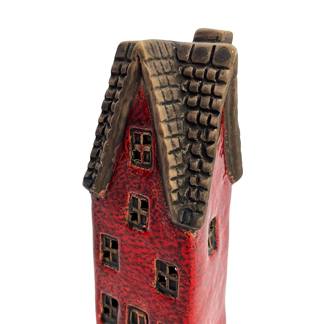 Close-up showing the roof and window craftsmanship of the Goldsmith’s Abode tealight house with intricate ceramic tile texture.