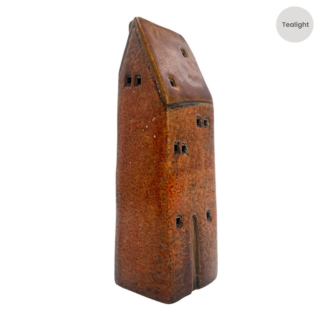Side angle of the Gatekeeper’s Lodge rustic brown ceramic tealight holder with warm glaze and handcrafted texture.