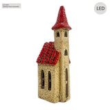 Side view of the Cello Tales from the Village Ivory Tower ceramic LED house with red roof and ivory glaze, inspired by historic English architecture.