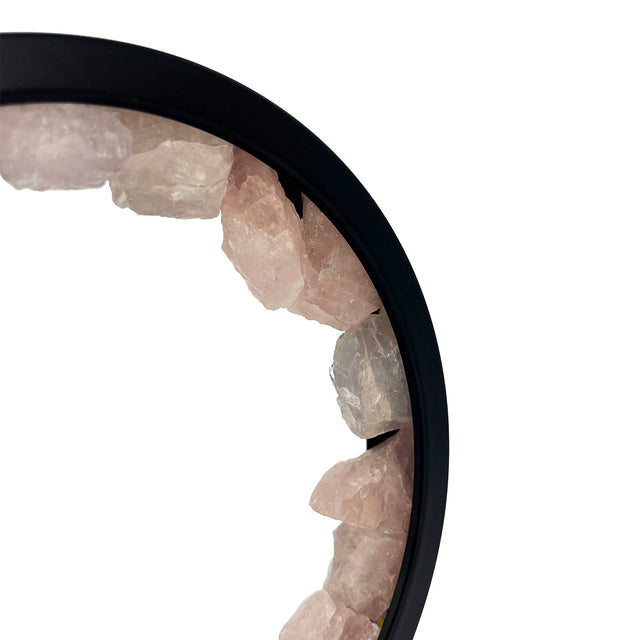 Close-up of the Gleneagles Circle Earth LED Lamp – Rose Quartz, showing the detailed crystal texture and warm pink LED lighting.