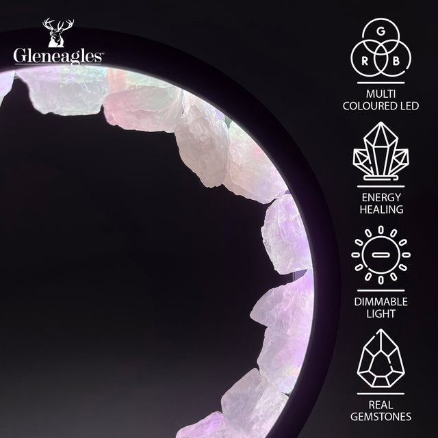 Gleneagles Circle Earth Rose Quartz LED Lamp showcasing key features including dimmable LED light, USB power, and calming crystal illumination.