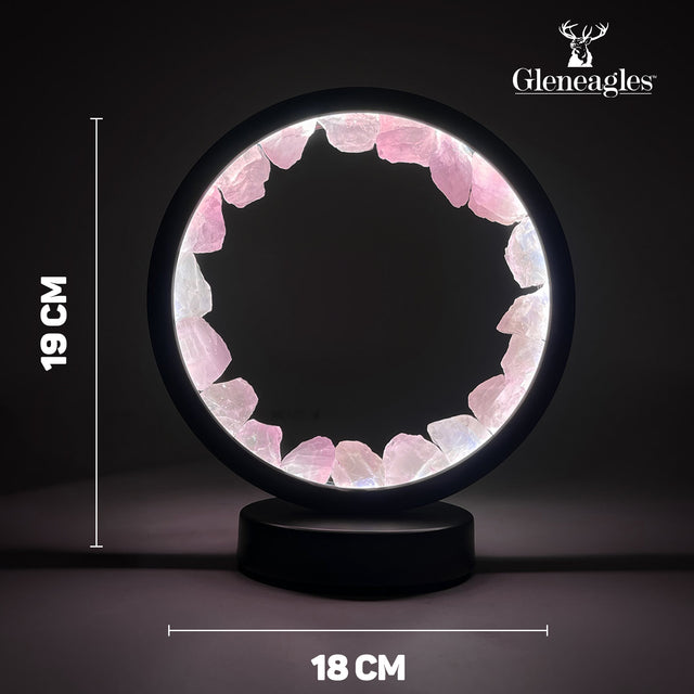 Product dimensions diagram for the Gleneagles Circle Earth LED Lamp – Rose Quartz, showing width, height, and depth in centimetres.