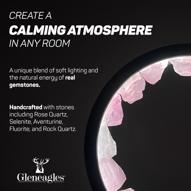 Overview of Gleneagles Circle Earth LED Lamps showing rose quartz and other crystal options, highlighting natural materials and modern design.
