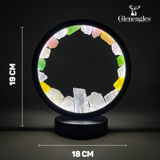 Product dimensions diagram for the Gleneagles Circle Earth LED Lamp – Mixed Mineral, showing width, height, and depth in centimetres.
