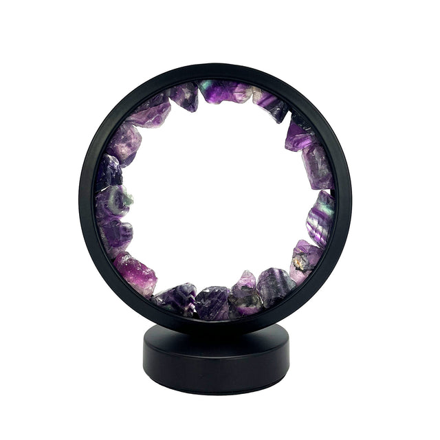 Front view of the Gleneagles Circle Earth LED Lamp – Purple Fluorite, showing circular frame and soft glowing crystal light.