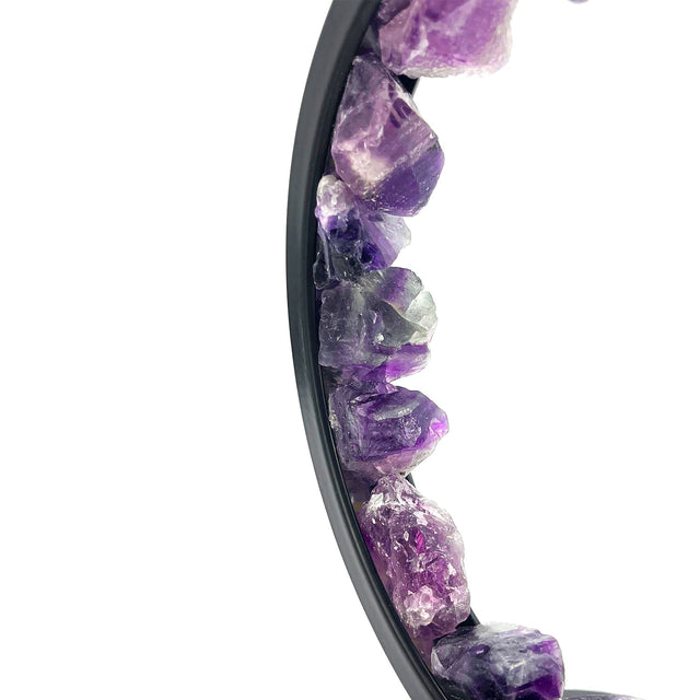 Close-up of the Gleneagles Circle Earth Purple Fluorite Lamp showing natural crystal texture, vibrant hues, and glowing LED detail.