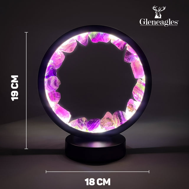 Product dimensions for Gleneagles Circle Earth LED Lamp – Purple Fluorite, showing height, width, and depth in centimetres.
