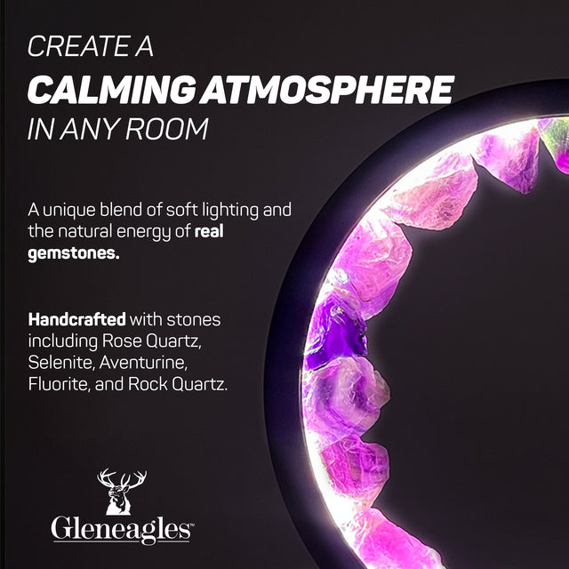 Gleneagles Circle Earth LED Crystal Lamp collection featuring multiple minerals, including rose quartz, mixed minerals, and purple fluorite.