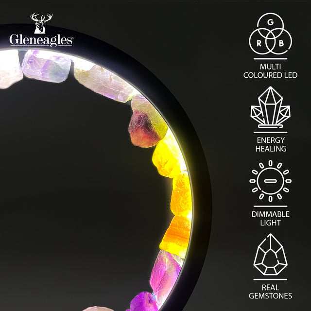 Gleneagles Mixed Minerals Crystal Lamp showing features like dimmable LED light, USB power, and genuine healing stones.