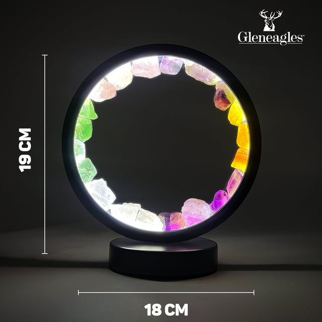 Product dimensions for Gleneagles Circle Earth LED Lamp – Mixed Minerals showing height, width, and depth in centimetres.