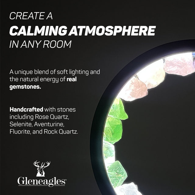 Gleneagles Circle Earth LED Crystal Lamp collection with mixed minerals, rose quartz, and purple fluorite variants displayed.