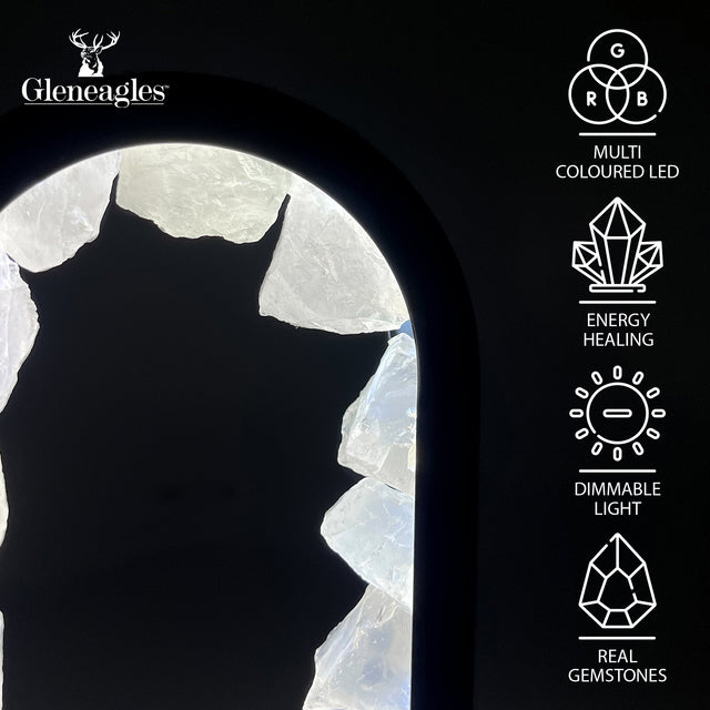 Gleneagles Rock Quartz Crystal Lamp showing dimmable LED feature, USB power connection, and elegant oval glass casing.