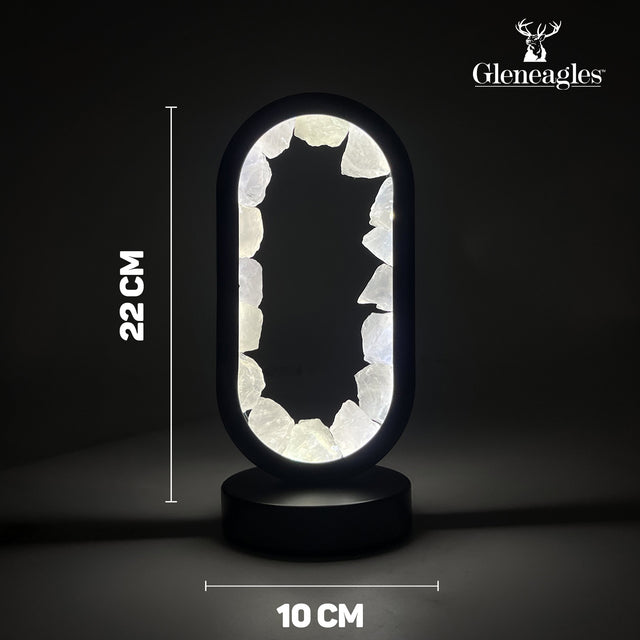Product dimensions for Gleneagles Oval Earth LED Lamp – Rock Quartz displaying height, width, and depth measurements in cm.