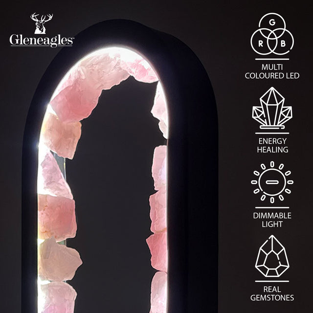 Gleneagles Rose Quartz Crystal Lamp showing dimmable LED light feature, USB power connection, and smooth oval glass craftsmanship.