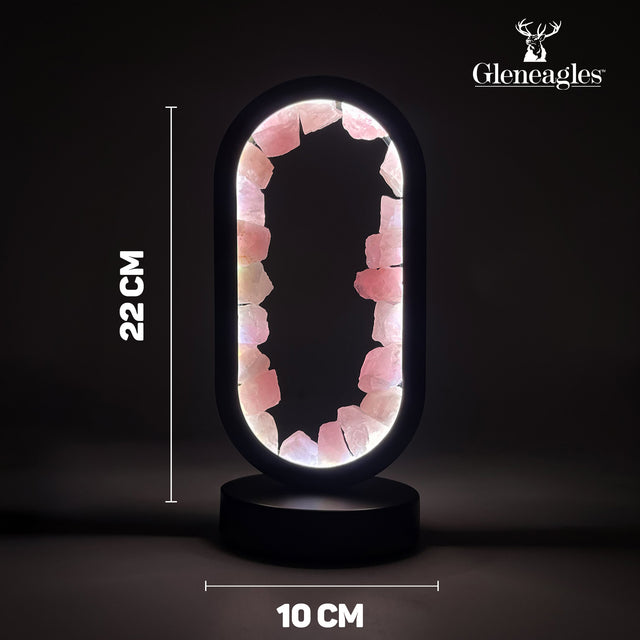 Product dimensions for Gleneagles Oval Earth LED Lamp – Rose Quartz displaying height, width, and depth in centimetres.