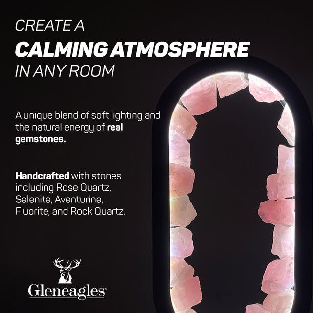 Gleneagles Oval Earth LED Lamp collection featuring Rose Quartz, Green Fluorite, and Rock Quartz variants side by side.