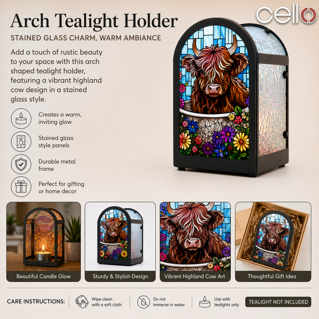 Cello - Arch Tealight Holder - Floral Highland Cow