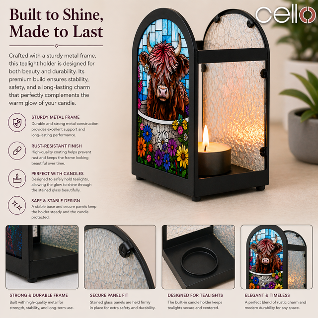Cello - Arch Tealight Holder - Floral Highland Cow