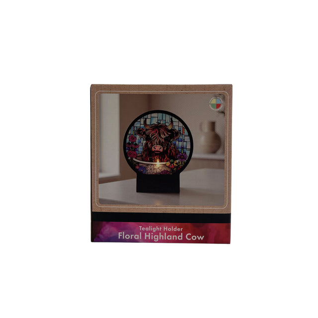 Cello - Circular Tealight Holder - Floral Highland Cow