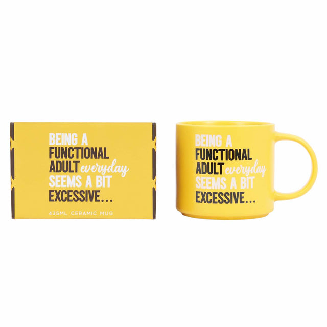 Close-up of Splosh Functional Adult Mug text – witty and relatable ceramic mug for coffee.
