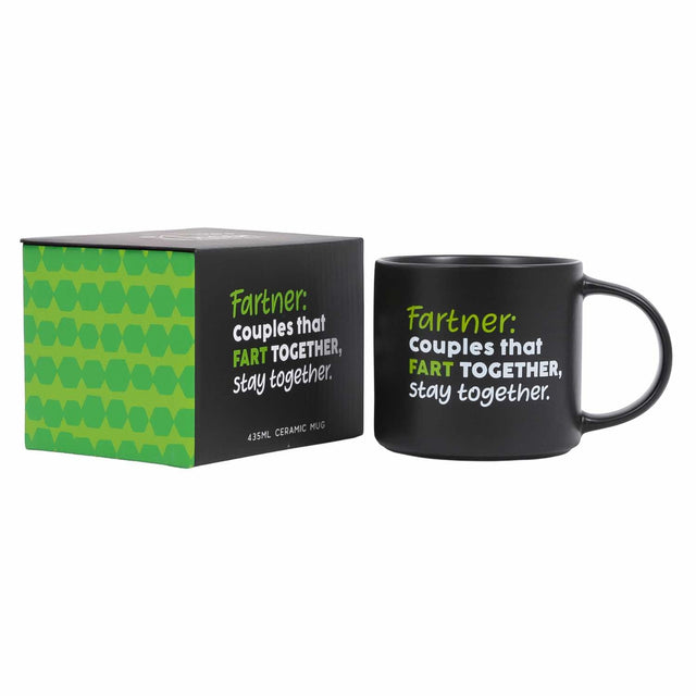 Splosh Fartner mug with matching full-colour gift box, hilarious witty mug for couples, fun novelty gift for anniversaries or Valentine’s Day.
