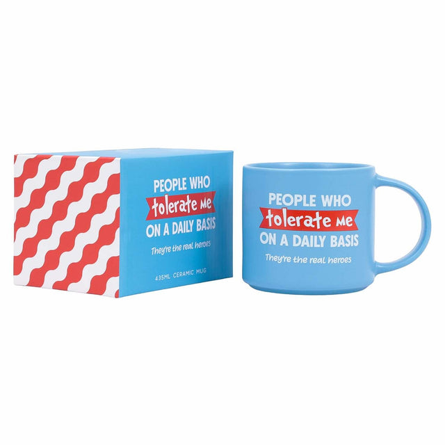 Splosh Cheeky Mug Tolerate with full-colour gift box, blue witty mug for coworkers, friends or family, perfect funny gift idea.