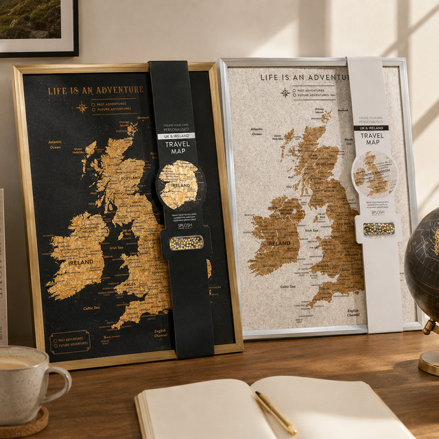 Splosh Travel Map - Black UK & Ireland Map with Gold Frame