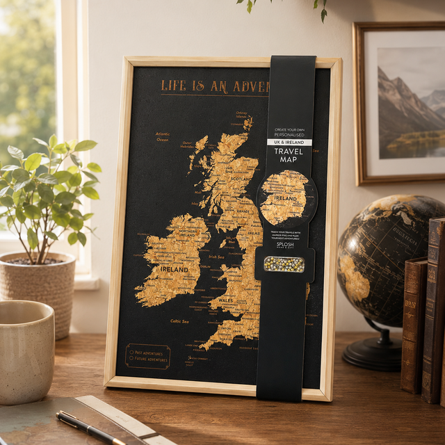 Splosh Travel Map - Black UK & Ireland Map with Gold Frame