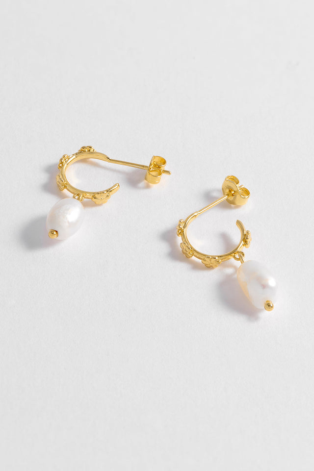 Estella Bartlett Multi Flower Organic Pearl Drop Earrings - Gold Plated