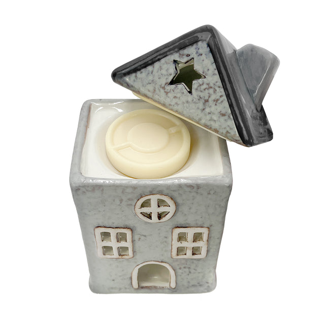 Star Cottage ceramic house in grey shown with removable roof for refilling fragrance oils or inserting soy wax melts or wax melts.